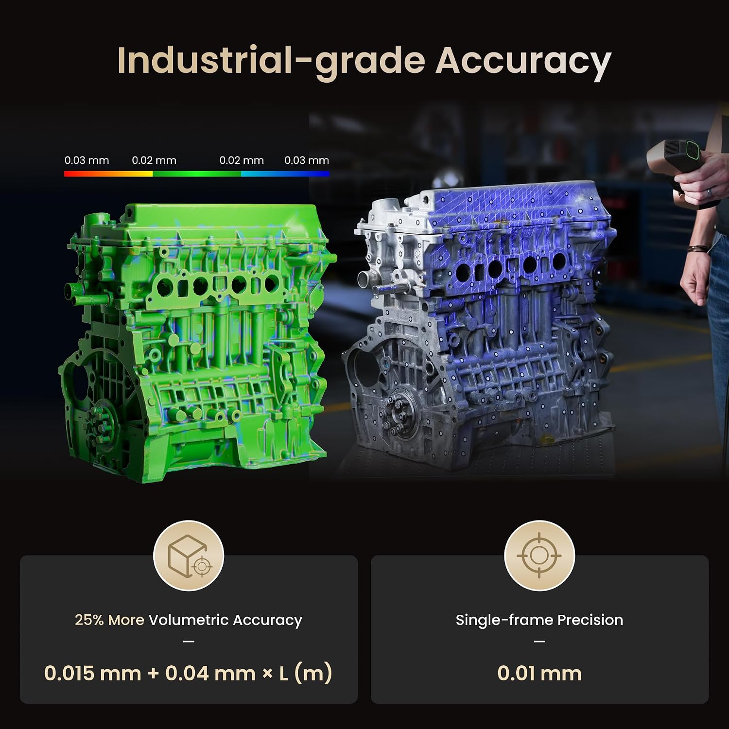 An engine block being scanned alongside its digital surface model