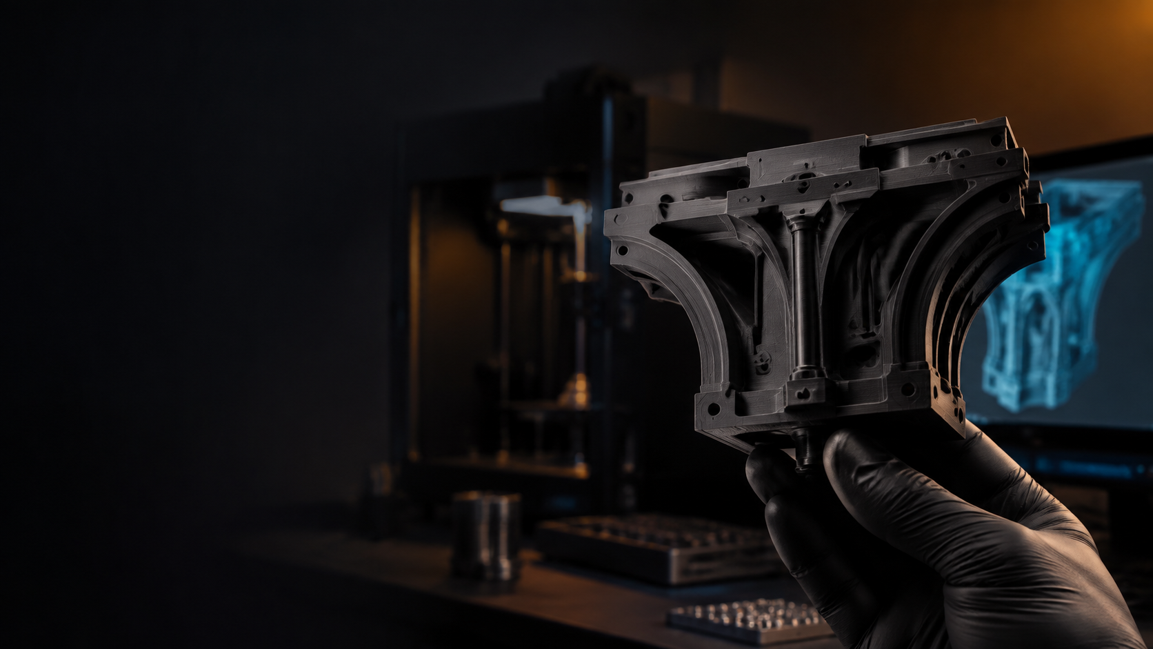 A precision 3D printed component in a fabrication studio